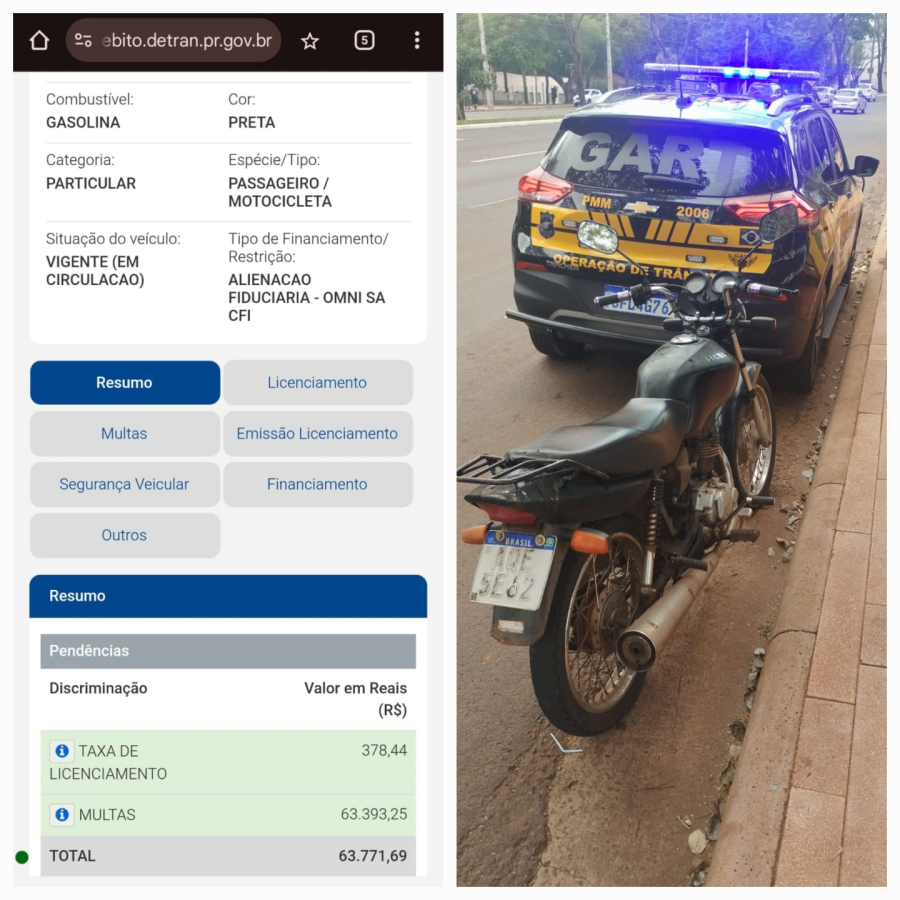 Motocicleta com mais de R$ 63 mil em débitos é apreendida pelo GART em operação na Avenida Colombo, em Maringá